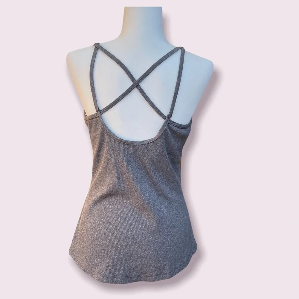 All in Motion Scoop Neck Dark Grey Criss-Cross Ribbed Workout Built-In Bra Tank - Picture 2 of 3